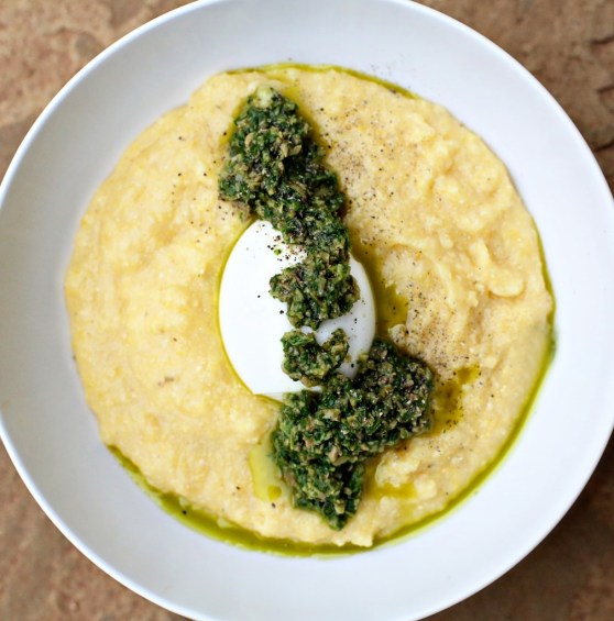 Cheesy Grits with Olive Pesto and a Poached Egg