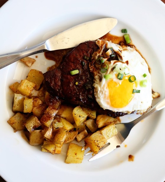brunch-pork chops, home fries and a fried egg