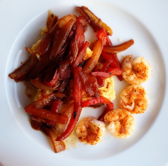 Peperonata with Cornbread and Cajun Shrimp