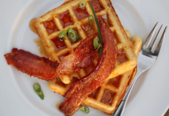 Smoked Gruyere Cornmeal Waffles with Spicy Honey